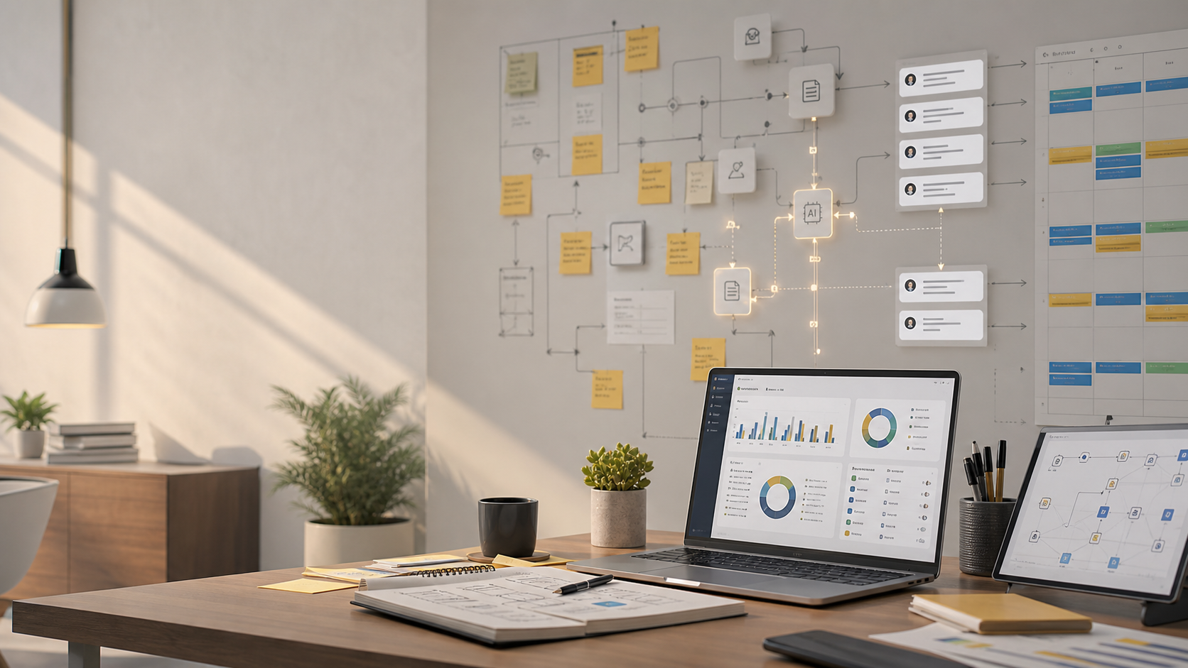 Workspace with business notes and AI planning.
